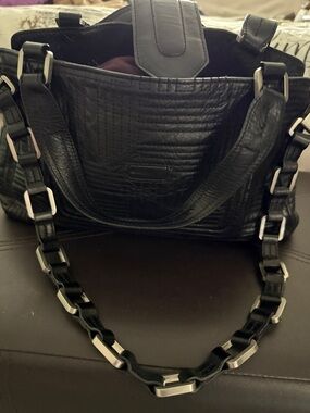 Black Leather Quilted Shoulder Bag with Chain Strap